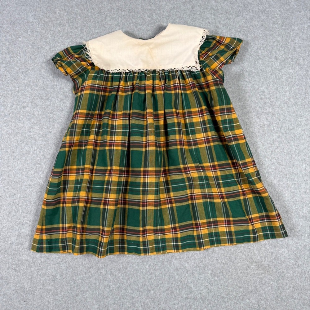 Vintage 70s Sears Perma-Prest Girls Plaid Dress Green Yellow Lace Collar Size 5